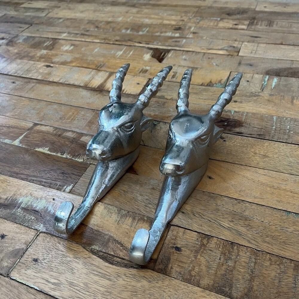 Silver-Toned Metal Wall-Mounted Antelope Coat Hooks (2) 9" Tall